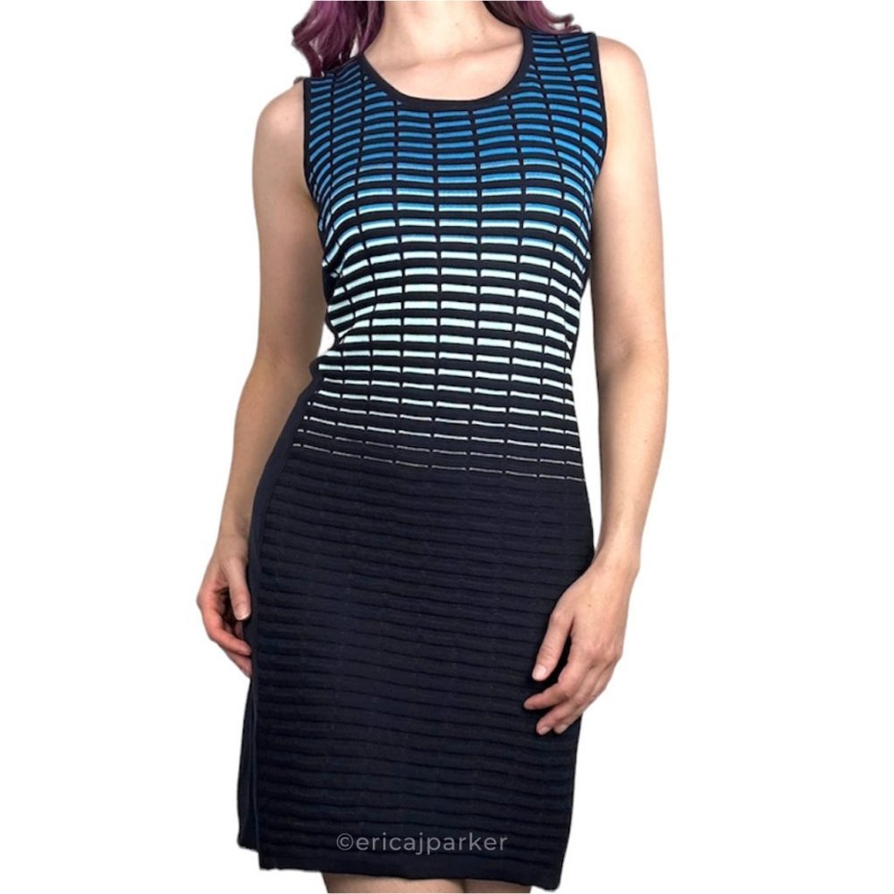 Ming Wang Sleeveless Shift Dress Navy Blue Striped Size Petite Medium